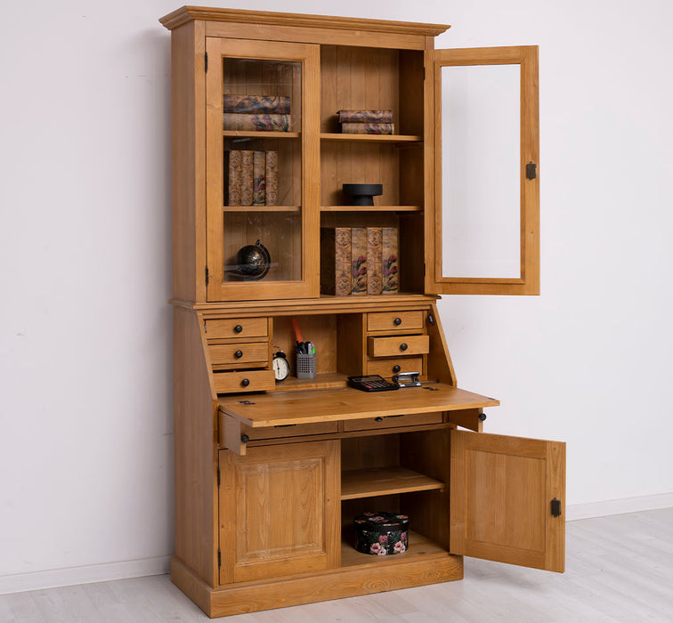 Großer Sekretär aus Massivholz mit Vitrinenaufsatz | 2 teilig
