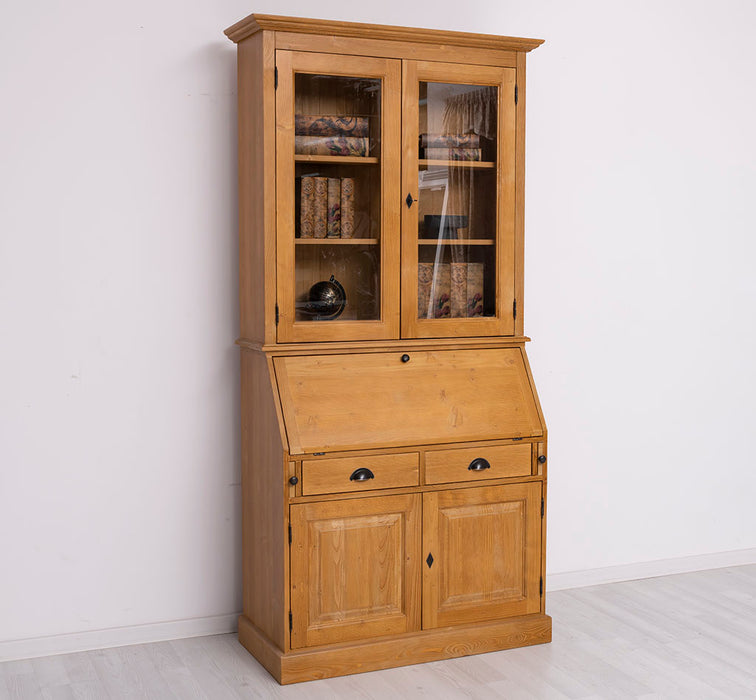 Großer Sekretär aus Massivholz mit Vitrinenaufsatz | 2 teilig