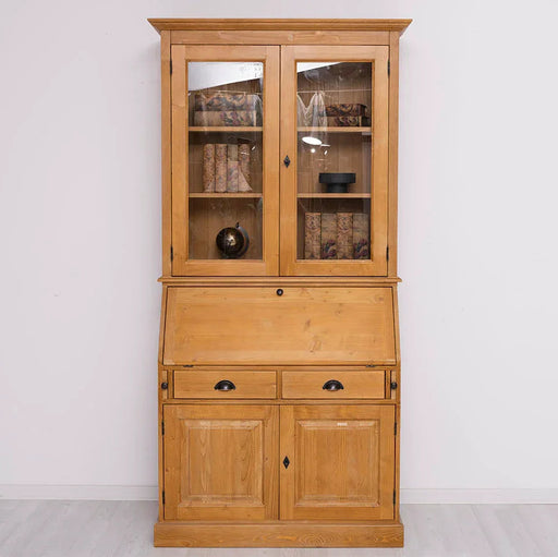 Großer Sekretär aus Massivholz mit Vitrinenaufsatz | 2 teilig