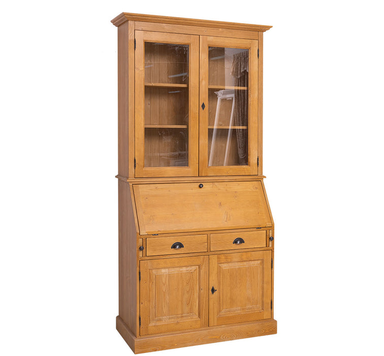 Großer Sekretär aus Massivholz mit Vitrinenaufsatz | 2 teilig