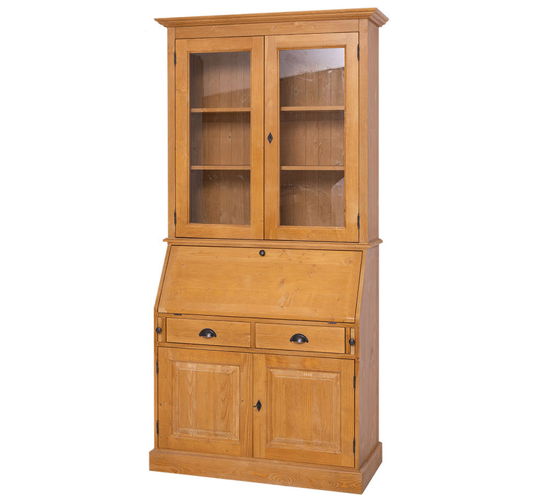 Großer Sekretär aus Massivholz mit Vitrinenaufsatz | 2 teilig