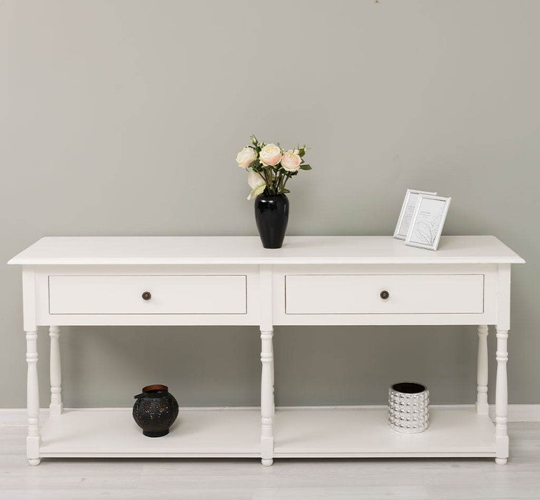 Großer Vintage Konsolentisch aus Massivholz mit zwei Schubladen -