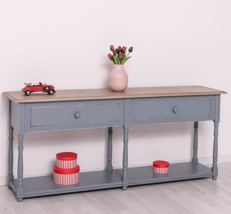 Großer Vintage Konsolentisch aus Massivholz mit zwei Schubladen -