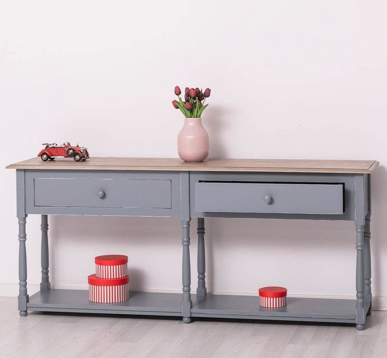 Großer Vintage Konsolentisch aus Massivholz mit zwei Schubladen -