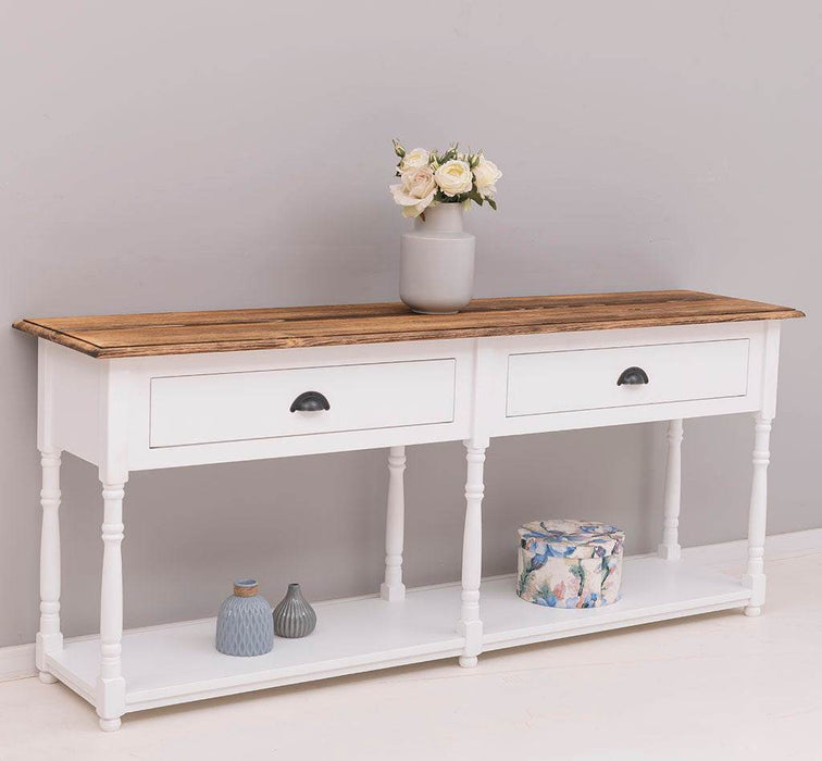 Großer Vintage Konsolentisch aus Massivholz mit zwei Schubladen -