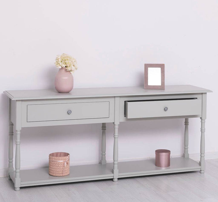 Großer Vintage Konsolentisch aus Massivholz mit zwei Schubladen -