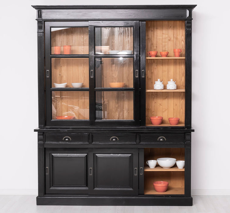 Großer Vitrinenschrank aus Massivholz | Geschirrschrank mit 6 Schiebetüren und 3 Schubladen