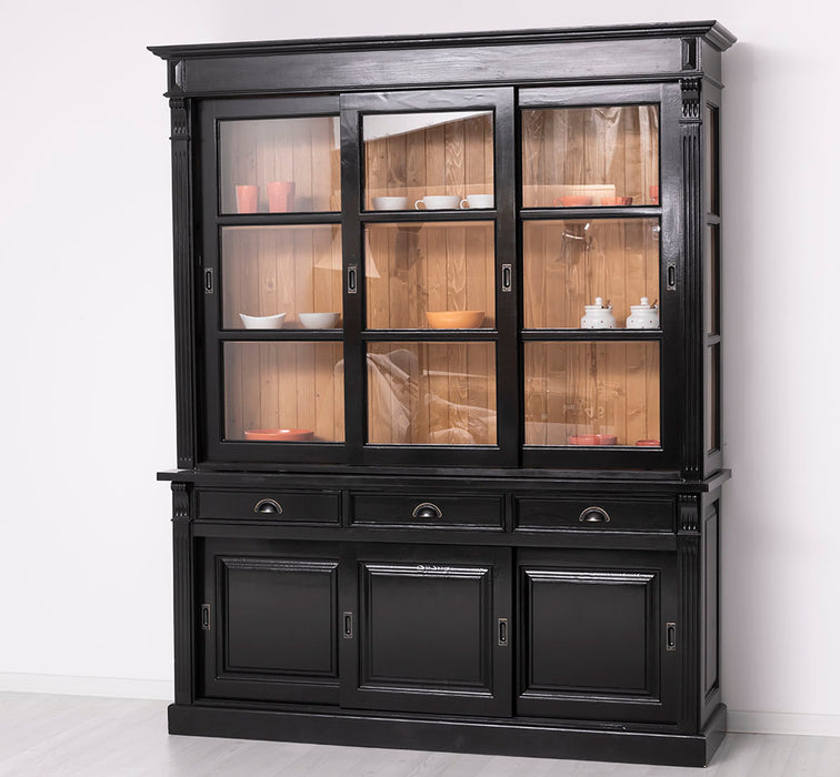 Großer Vitrinenschrank aus Massivholz | Geschirrschrank mit 6 Schiebetüren und 3 Schubladen