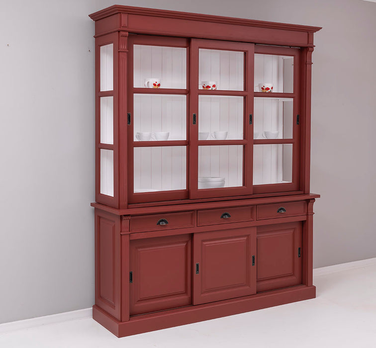 Großer Vitrinenschrank aus Massivholz | Geschirrschrank mit 6 Schiebetüren und 3 Schubladen