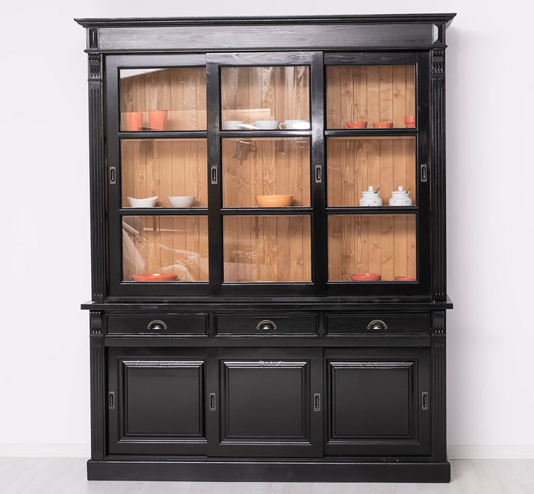 Großer Vitrinenschrank aus Massivholz | Geschirrschrank mit 6 Schiebetüren und 3 Schubladen