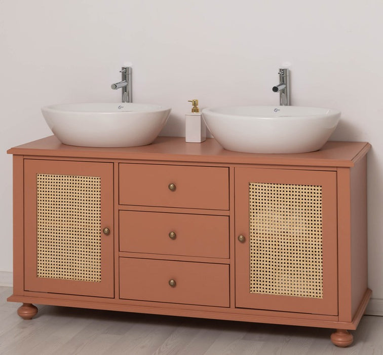 Großer Waschbeckenunterschrank aus Massivholz | Rattan Waschtisch für Aufsatzwaschbecken