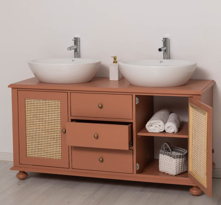 Großer Waschbeckenunterschrank aus Massivholz | Rattan Waschtisch für Aufsatzwaschbecken