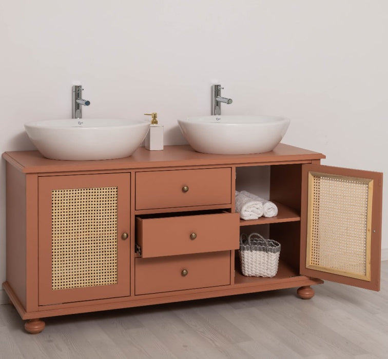 Großer Waschbeckenunterschrank aus Massivholz | Rattan Waschtisch für Aufsatzwaschbecken