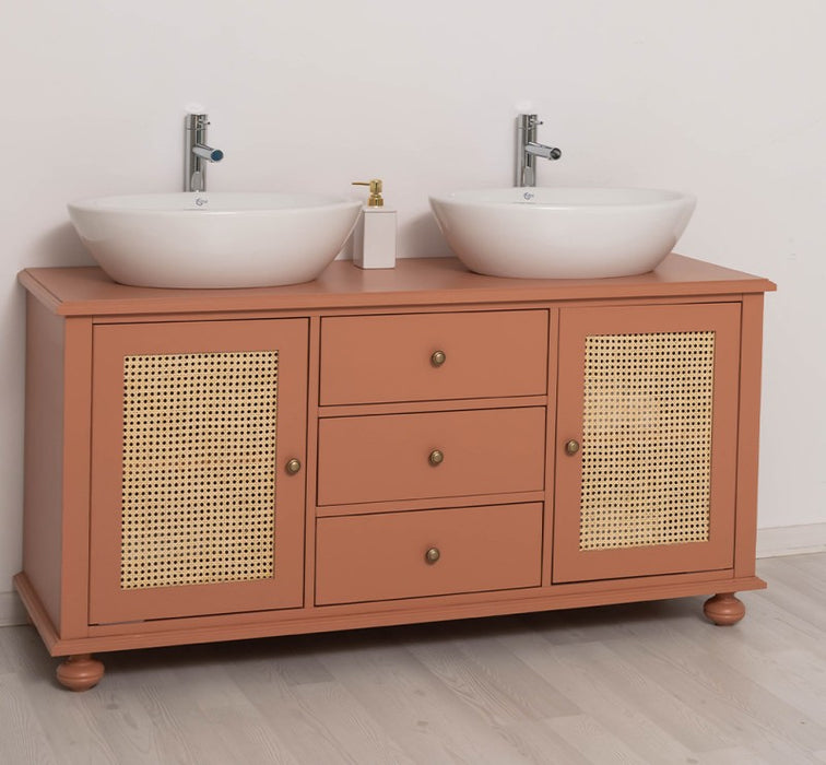 Großer Waschbeckenunterschrank aus Massivholz | Rattan Waschtisch für Aufsatzwaschbecken