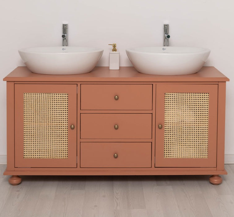 Großer Waschbeckenunterschrank aus Massivholz | Rattan Waschtisch für Aufsatzwaschbecken