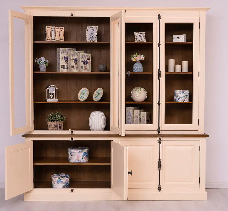 Großer Wohnzimmer Schrank aus Massivholz | Geschirrschrank | Vitrine | Bücherschrank 2-teilig mit externem Verschlusssystem