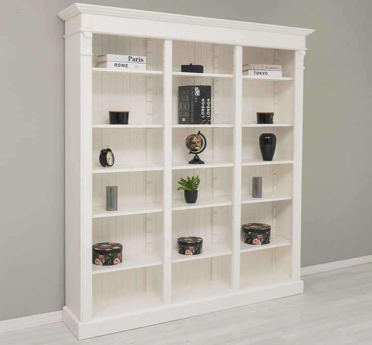 Großes Bücherregal aus Massivholz mit verzierter Kranzleiste | Regalwand in verschiedenen Farben