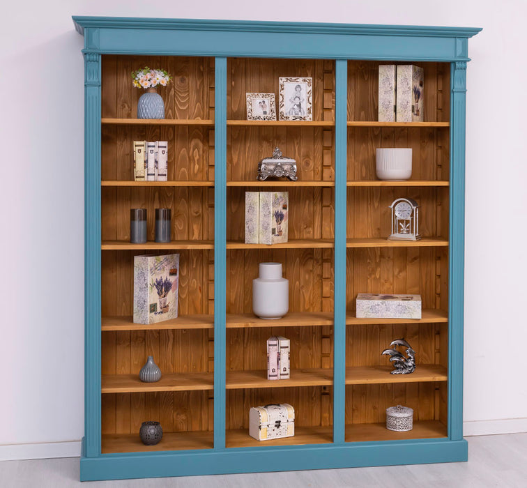 Großes Bücherregal aus Massivholz mit verzierter Kranzleiste | Regalwand in verschiedenen Farben