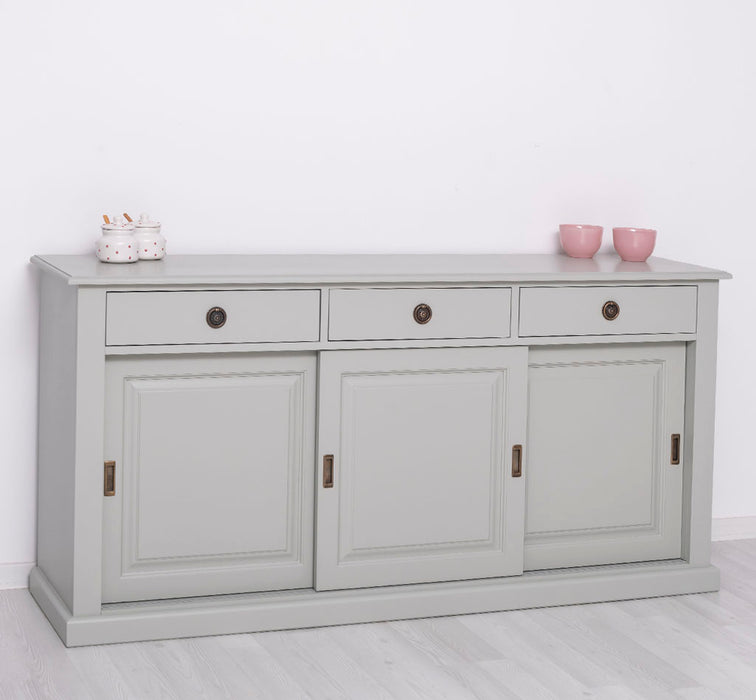 Grosses-Sideboard-aus-Massivholz-mit-3-Schiebetueren-und-3-Schubladen-grau-links