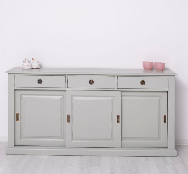 MGrosses-Sideboard-aus-Massivholz-mit-3-Schiebetueren-und-3-Schubladen-grau-front