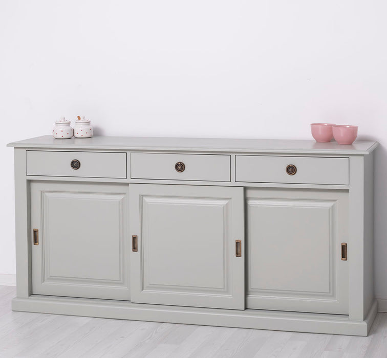 Grosses-Sideboard-aus-Massivholz-mit-3-Schiebetueren-und-3-Schubladen-grau-rechts