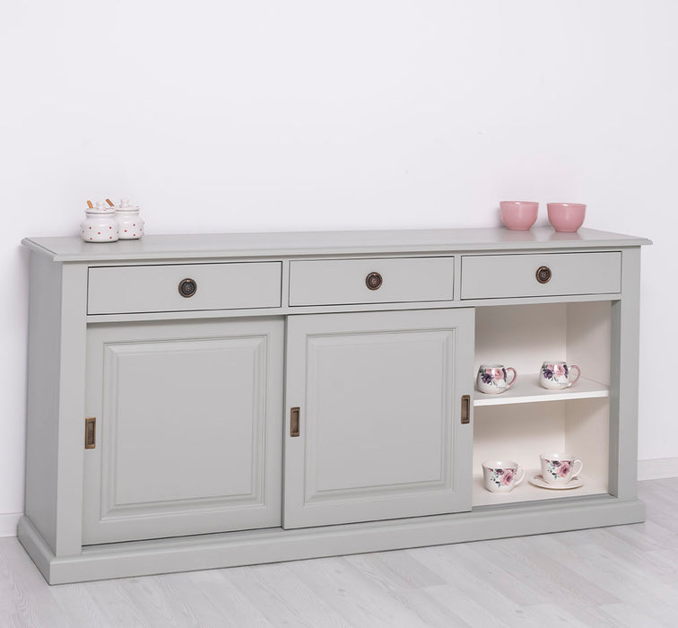 Grosses-Sideboard-aus-Massivholz-mit-3-Schiebetueren-und-3-Schubladen-grau-links-offen