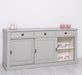 Grosses-Sideboard-aus-Massivholz-mit-3-Schiebetueren-und-3-Schubladen-grau-links-offen