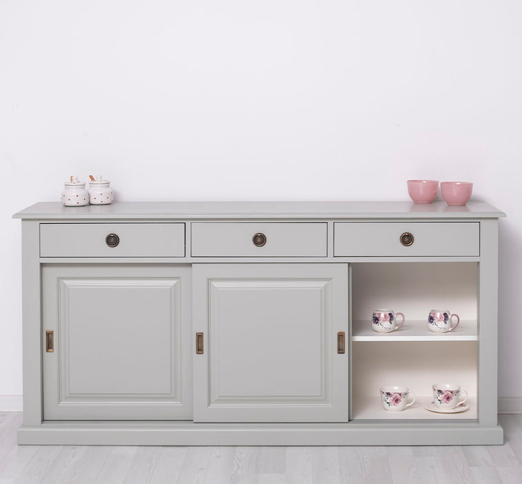 MGrosses-Sideboard-aus-Massivholz-mit-3-Schiebetueren-und-3-Schubladen-grau-front-offen