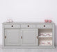 MGrosses-Sideboard-aus-Massivholz-mit-3-Schiebetueren-und-3-Schubladen-grau-front-offen