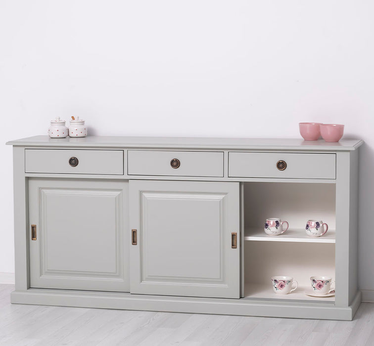Grosses-Sideboard-aus-Massivholz-mit-3-Schiebetueren-und-3-Schubladen-grau-rechts-offen