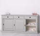 Grosses-Sideboard-aus-Massivholz-mit-3-Schiebetueren-und-3-Schubladen-grau-rechts-offen