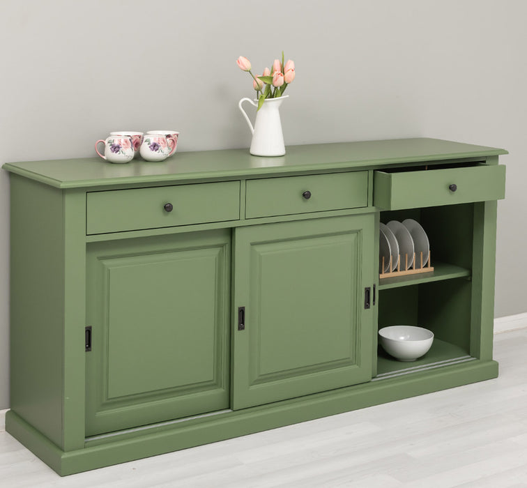 Grosses-Sideboard-aus-Massivholz-mit-3-Schiebetueren-und-3-Schubladen-gruen-links-offen