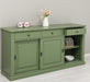 Grosses-Sideboard-aus-Massivholz-mit-3-Schiebetueren-und-3-Schubladen-gruen-links-offen