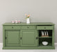 Grosses-Sideboard-aus-Massivholz-mit-3-Schiebetueren-und-3-Schubladen-gruen-front-offen