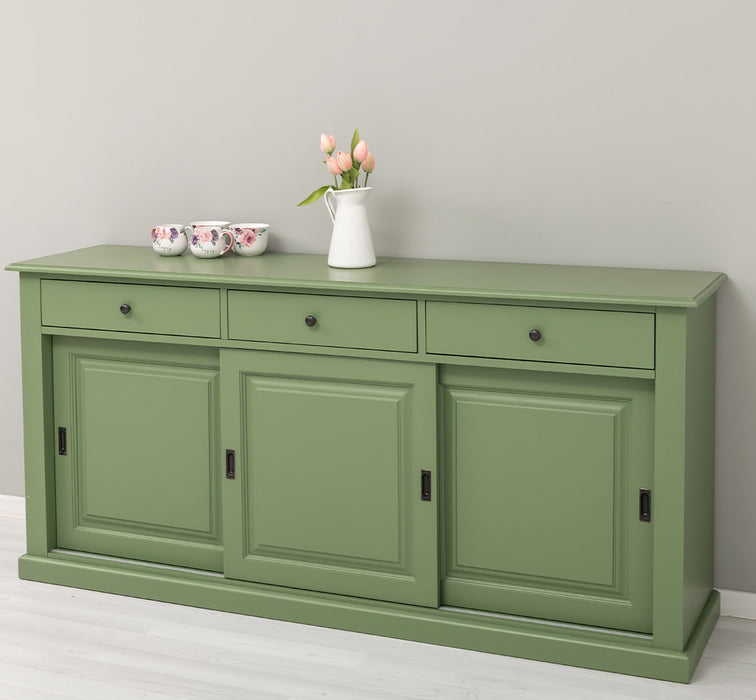 Grosses-Sideboard-aus-Massivholz-mit-3-Schiebetueren-und-3-Schubladen-gruen-rechts