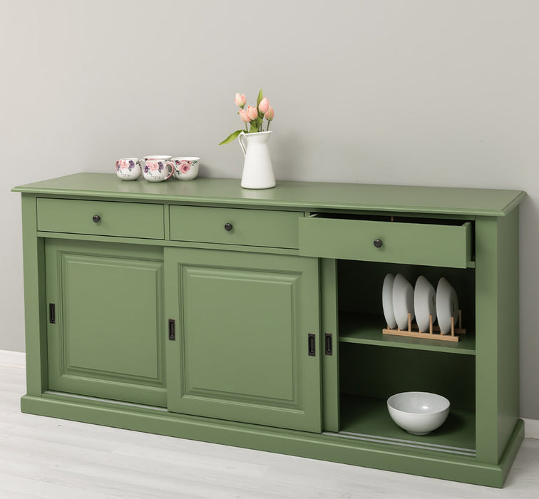 Grosses-Sideboard-aus-Massivholz-mit-3-Schiebetueren-und-3-Schubladen-gruen-rechts-offen