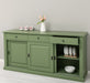 Grosses-Sideboard-aus-Massivholz-mit-3-Schiebetueren-und-3-Schubladen-gruen-rechts-offen