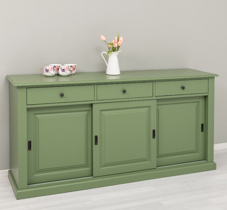 Grosses-Sideboard-aus-Massivholz-mit-3-Schiebetueren-und-3-Schubladen-gruen-links