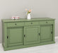 Grosses-Sideboard-aus-Massivholz-mit-3-Schiebetueren-und-3-Schubladen-gruen-links