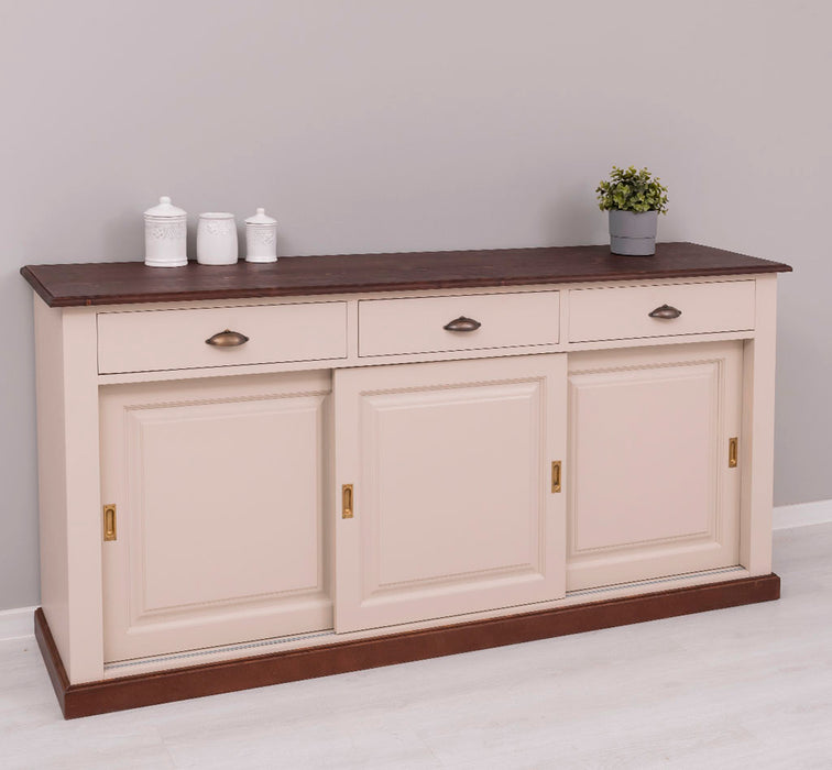Grosses-Sideboard-aus-Massivholz-mit-3-Schiebetueren-und-3-Schubladen-kastanie-creme-links