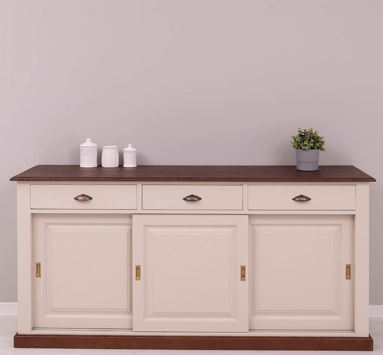 Grosses-Sideboard-aus-Massivholz-mit-3-Schiebetueren-und-3-Schubladen-kastanie-creme-front