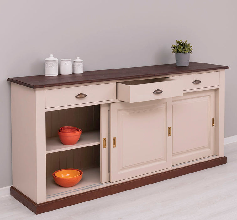 Grosses-Sideboard-aus-Massivholz-mit-3-Schiebetueren-und-3-Schubladen-kastanie-creme-links-offen