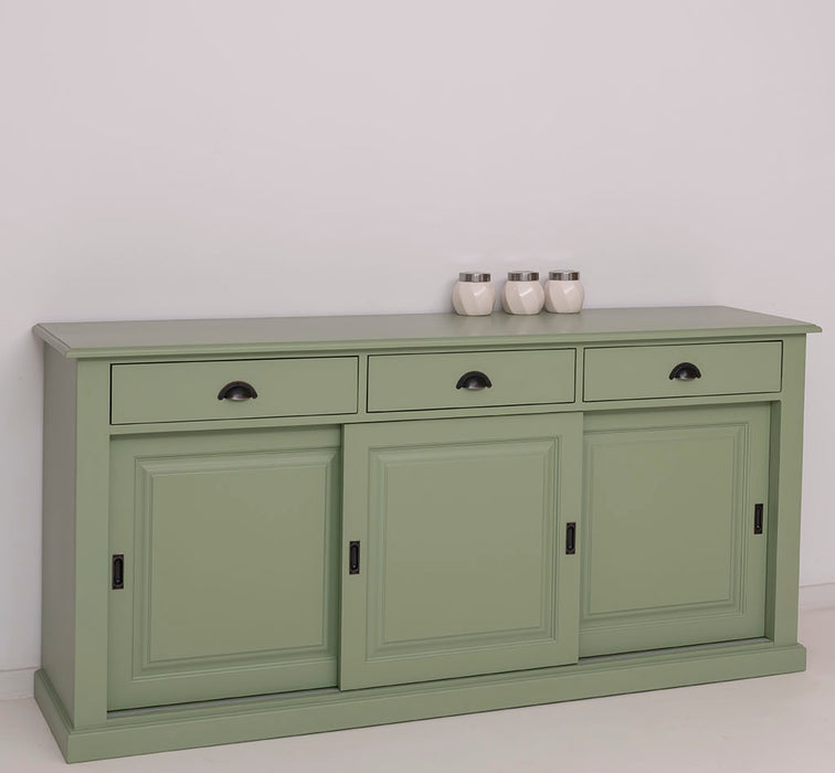Grosses-Sideboard-aus-Massivholz-mit-3-Schiebetueren-und-3-Schubladen-salbei-links