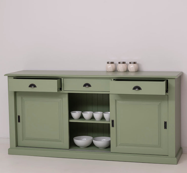 Grosses-Sideboard-aus-Massivholz-mit-3-Schiebetueren-und-3-Schubladen-salbei-rechts-offen