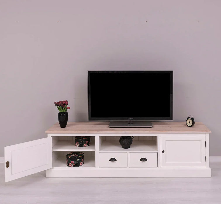 Großes TV-Board aus Massivholz | Zweitüriges Lowboard mit Schubladen