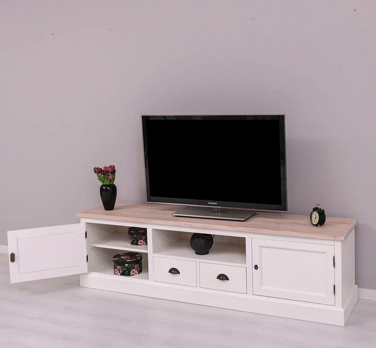 Großes TV-Board aus Massivholz | Zweitüriges Lowboard mit Schubladen