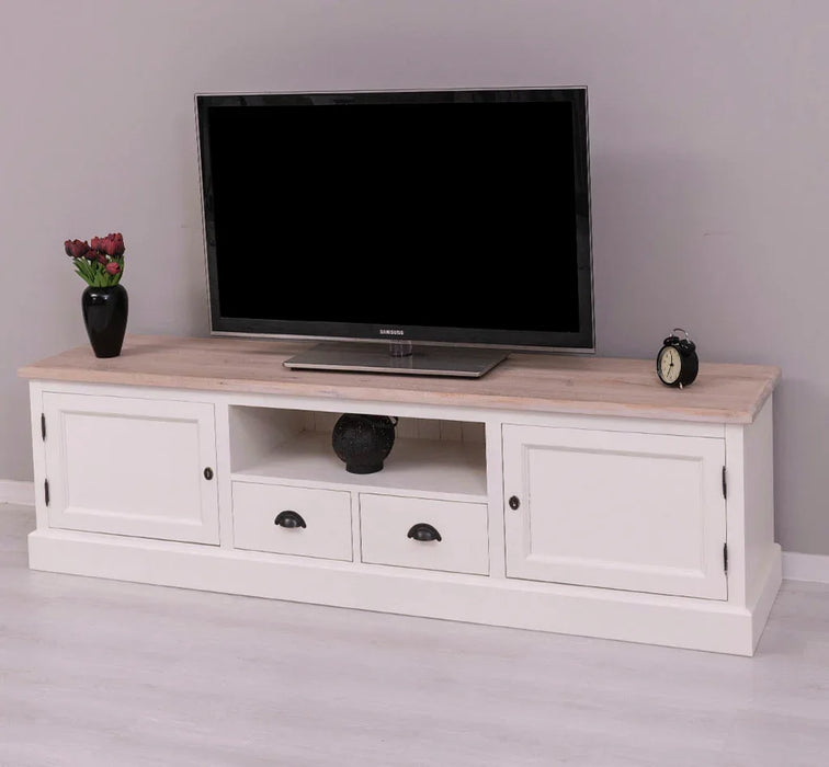 Großes TV-Board aus Massivholz | Zweitüriges Lowboard mit Schubladen