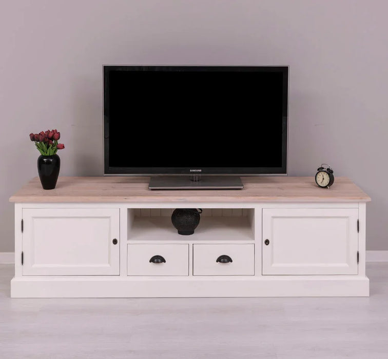 Großes TV-Board aus Massivholz | Zweitüriges Lowboard mit Schubladen