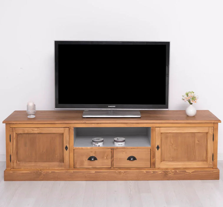 Großes TV-Board aus Massivholz | Zweitüriges Lowboard mit Schubladen