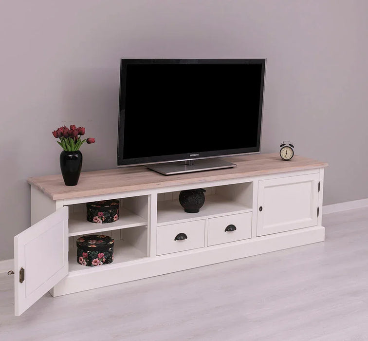 Großes TV-Board aus Massivholz | Zweitüriges Lowboard mit Schubladen